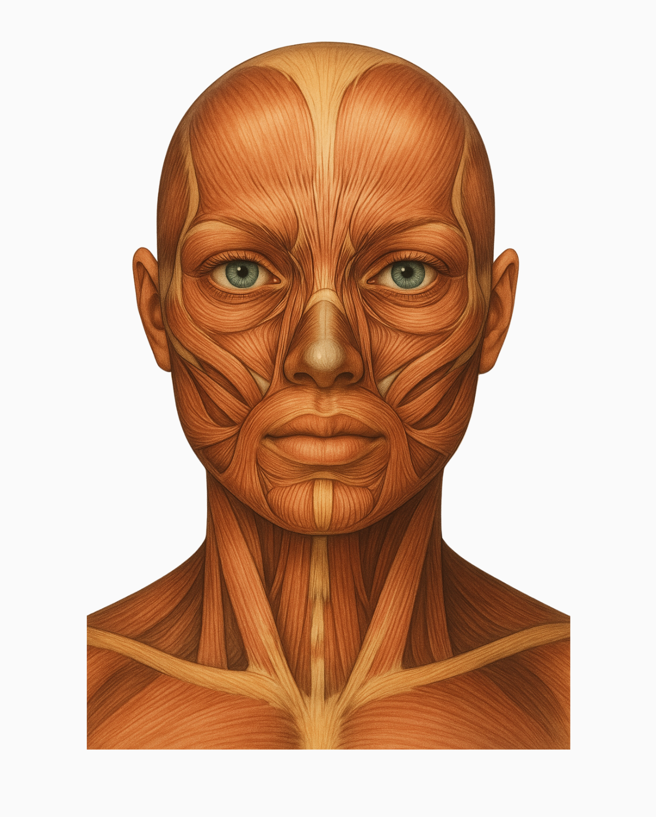 Anatomical illustration of a human face with visible muscles.