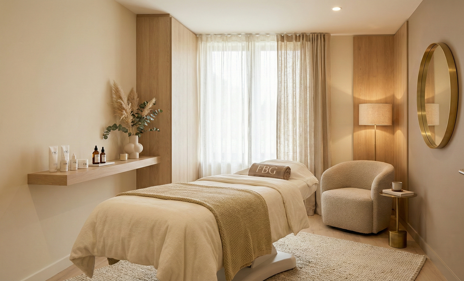 Modern bedroom with bed, armchair, and decorative elements.