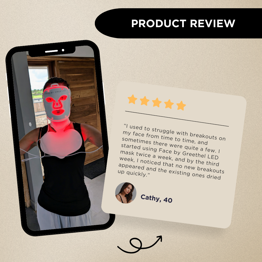 Image featuring a text review alongside a woman wearing an LED therapy face mask.