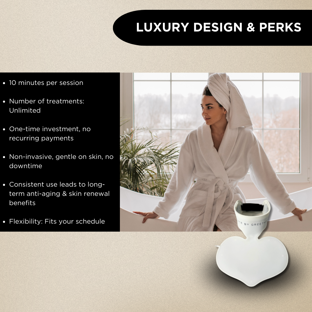 Image showcasing the design and benefits of an LED neck and decolletage mask.