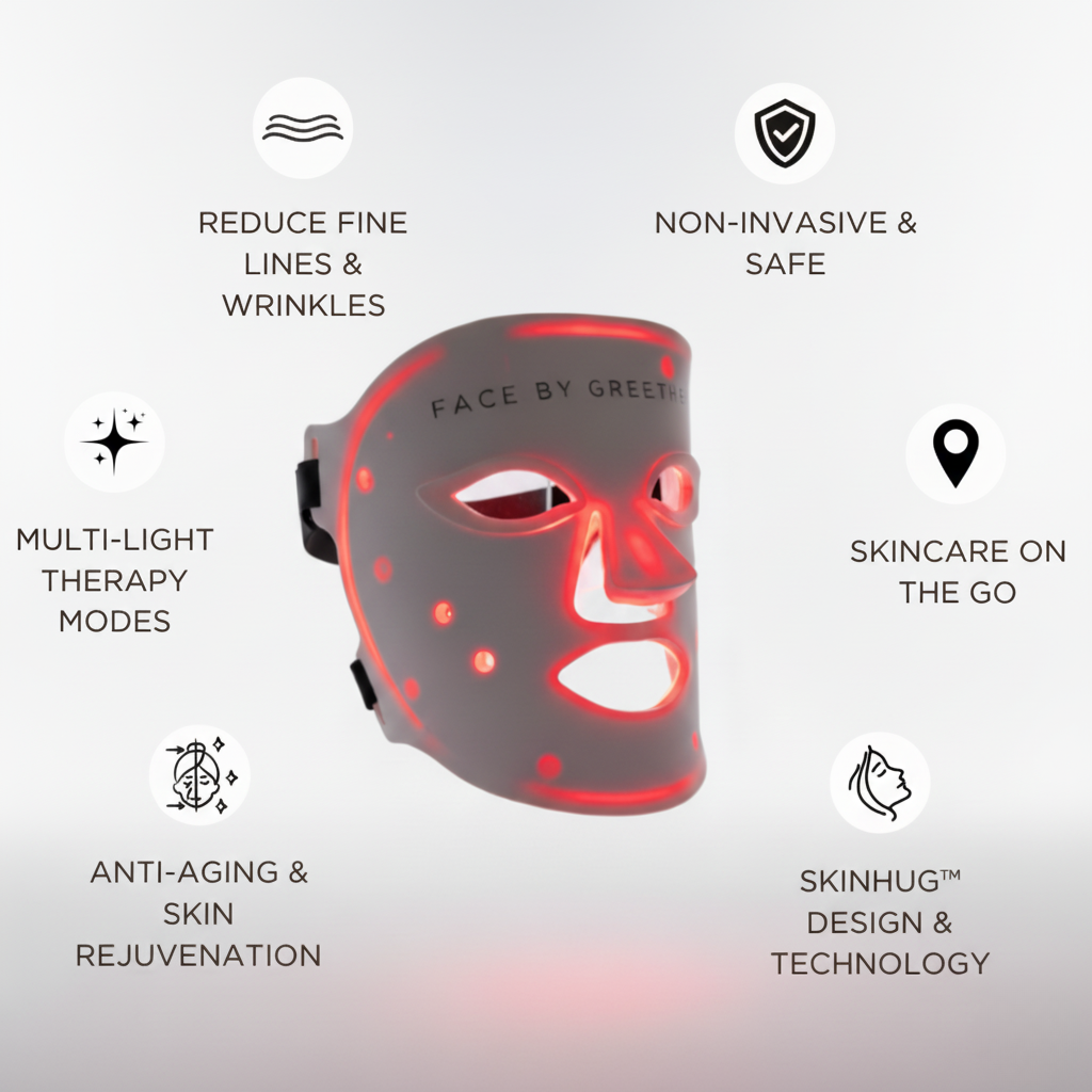 Facial mask with red light on a gray background, featuring text about its features.