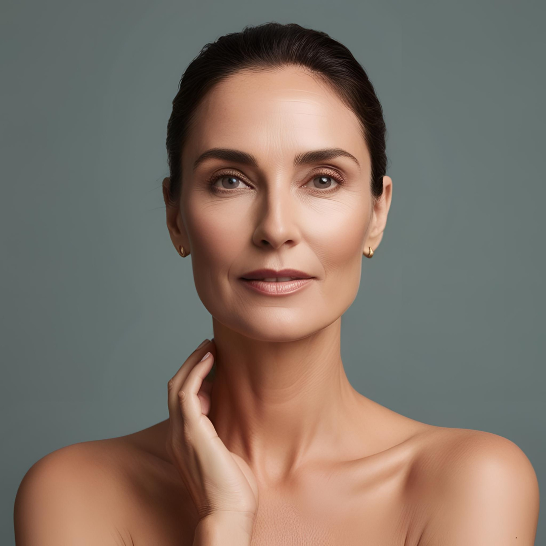 Radiant, youthful woman (35+) with glowing, healthy skin.