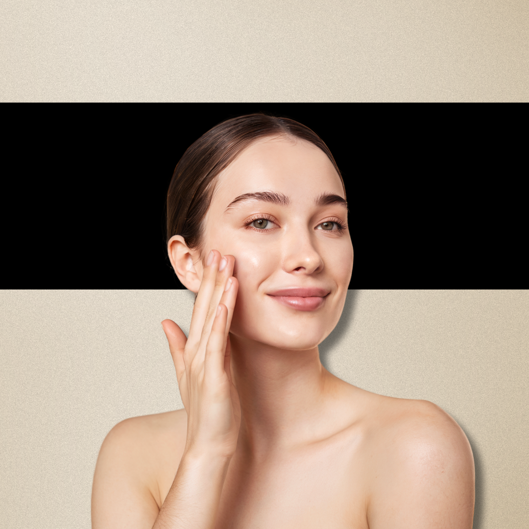 Beauty shot of a woman with clear, calm skin, radiating a healthy and refreshed glow.
