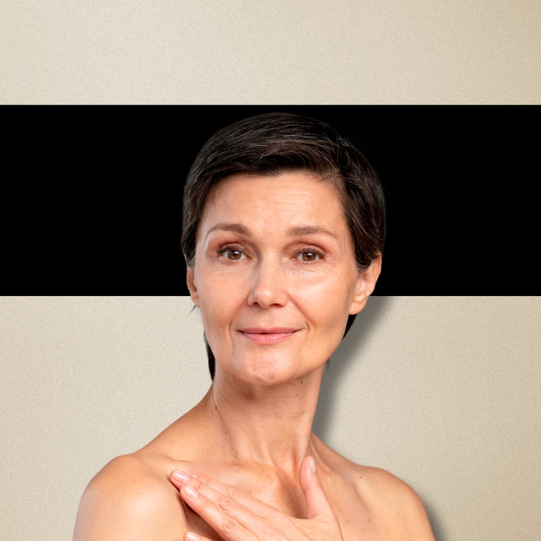 Radiant woman with glowing, youthful skin, exuding a sense of rejuvenation and inner wellness.