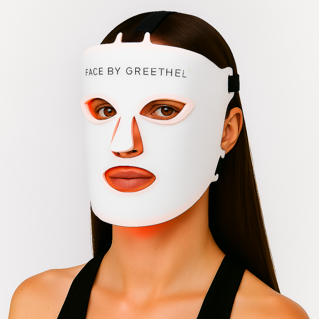 model shot wearing led therapy face mask
