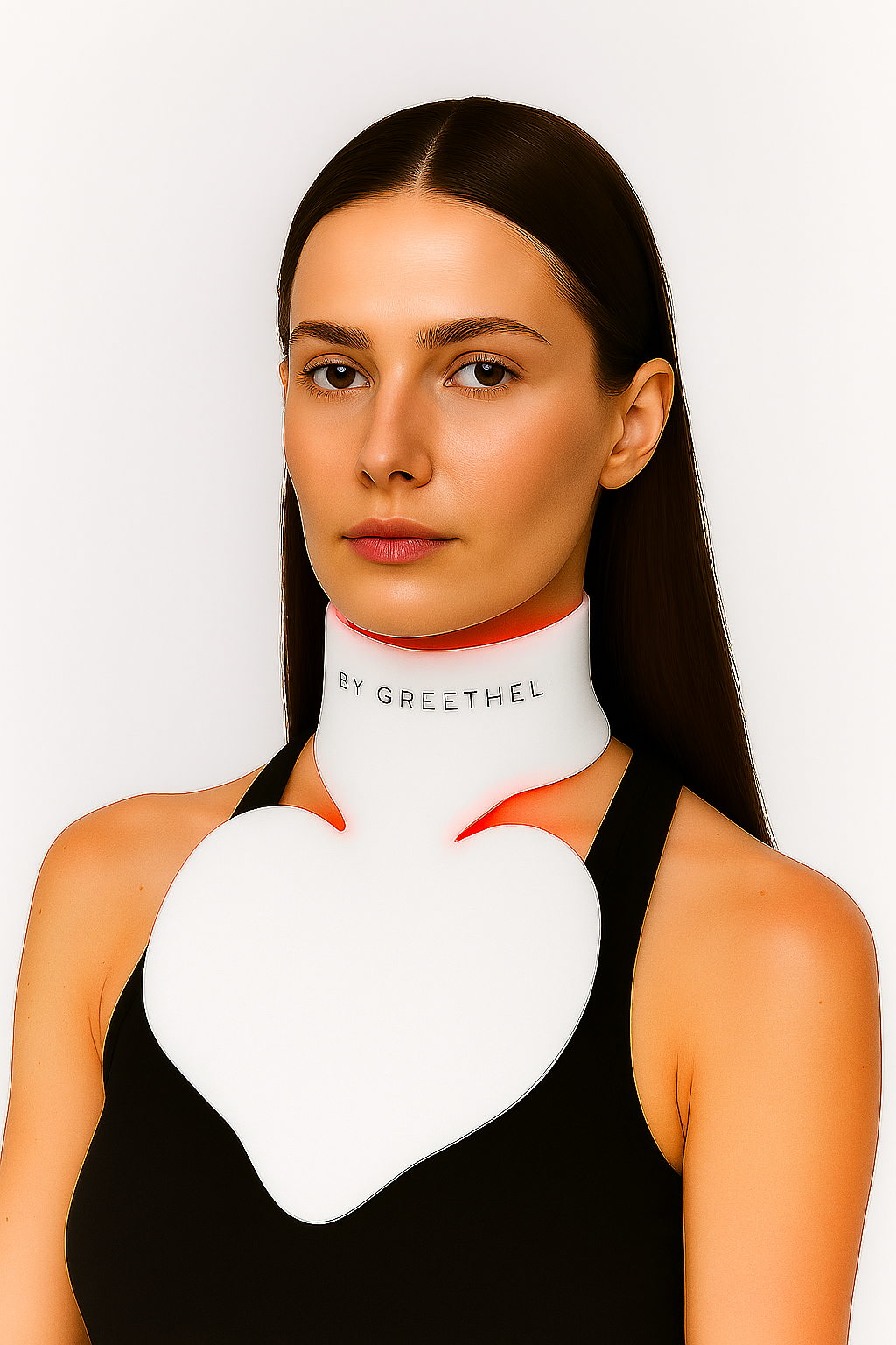 Woman wearing a led therapy neck and decolletage mask