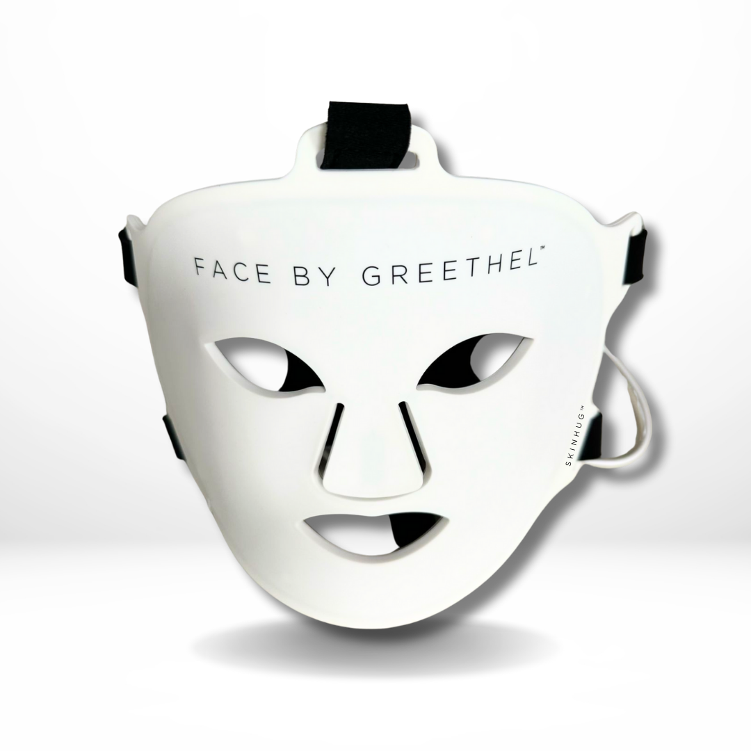 Image of an LED therapy face mask with SkinHug technology, designed to cover the entire face with light therapy.