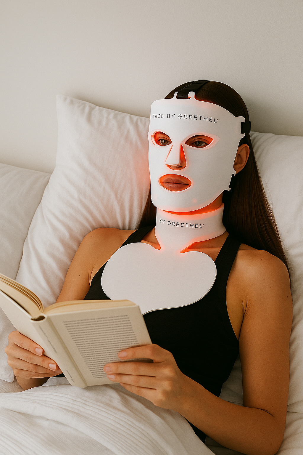 Person wearing a LED therapy face and neck & decolletage mask while reading a book in bed