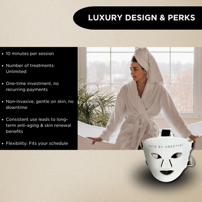 Image showcasing the design and benefits of an LED therapy face mask.