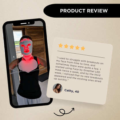 Image featuring a text review alongside a woman wearing an LED therapy face mask. 