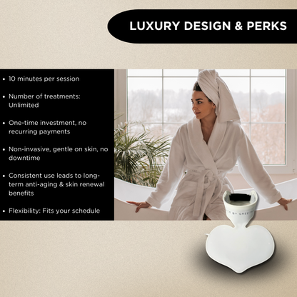 Image showcasing the design and benefits of an LED neck and decolletage  mask.