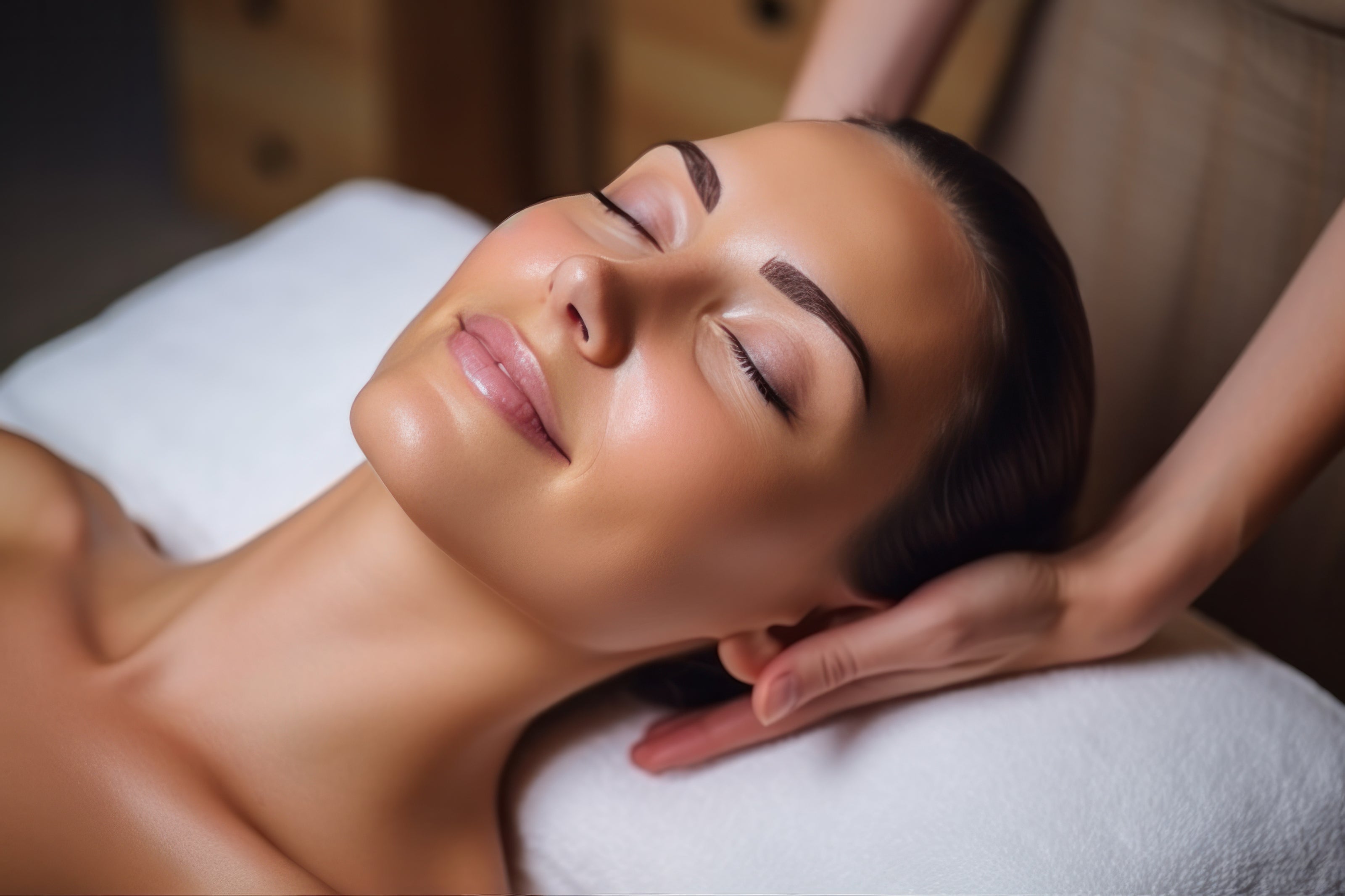 A serene spa setting showcasing a woman receiving a luxury face lifting massage at Face by Greethel, focused on enhancing natural beauty with visible anti-aging effects.