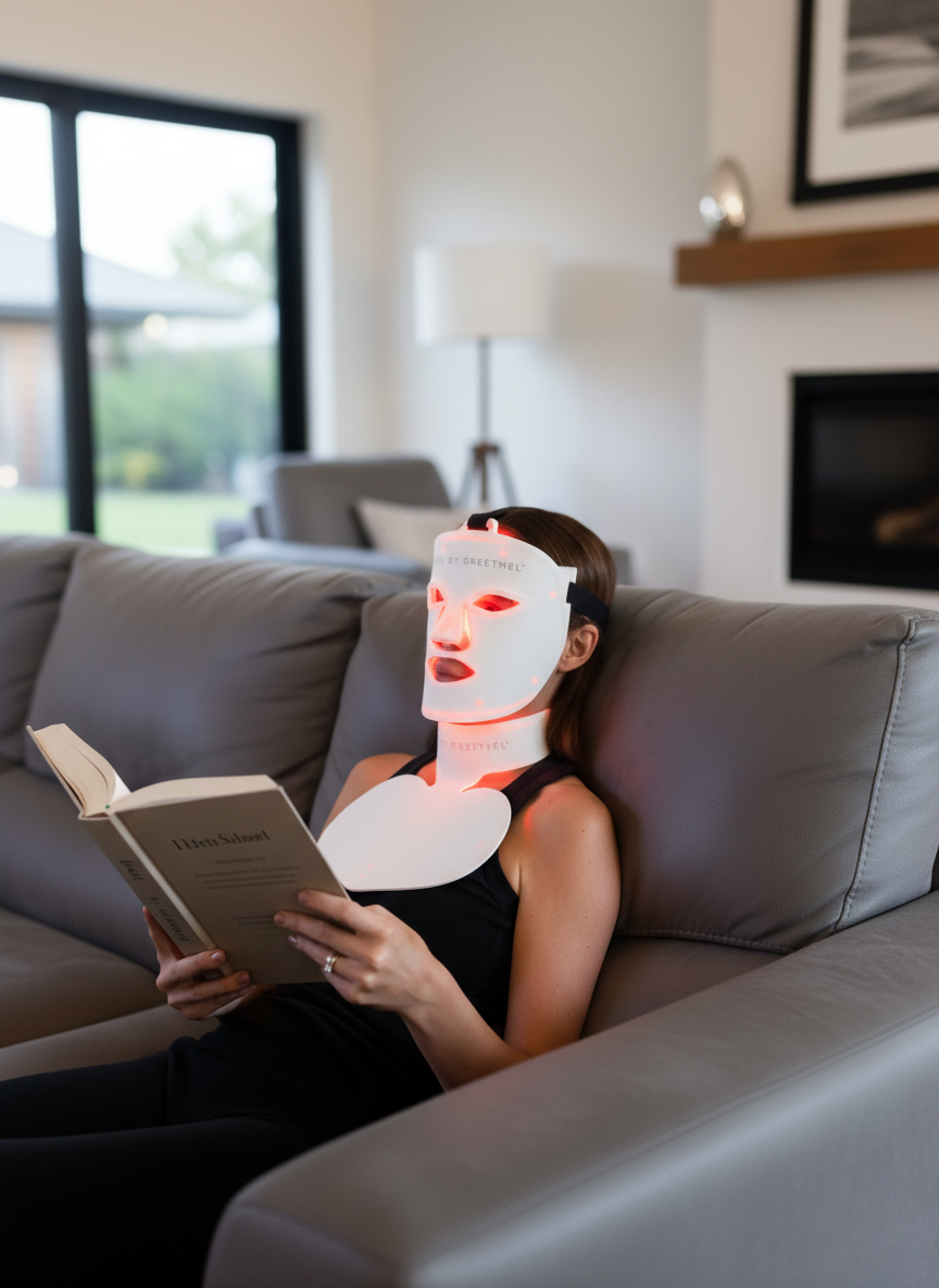 Person wearing a LED therapy face  and neck &amp; decolletage mask while reading a book in sofa