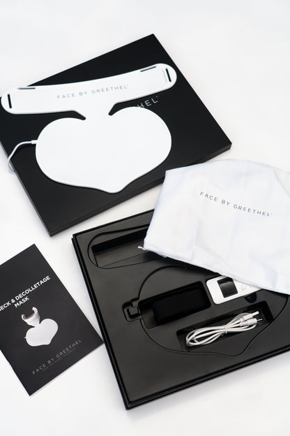 Neck led device set with packaging and accessories on a white background