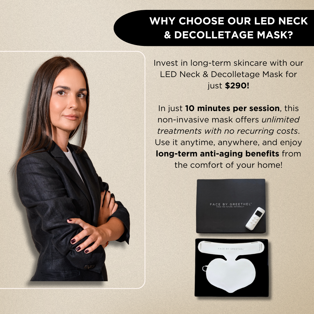 Highlighting key advantages of the LED Neck &amp; Decolletage Mask, including its affordability, convenience, unlimited treatments, and at-home use.